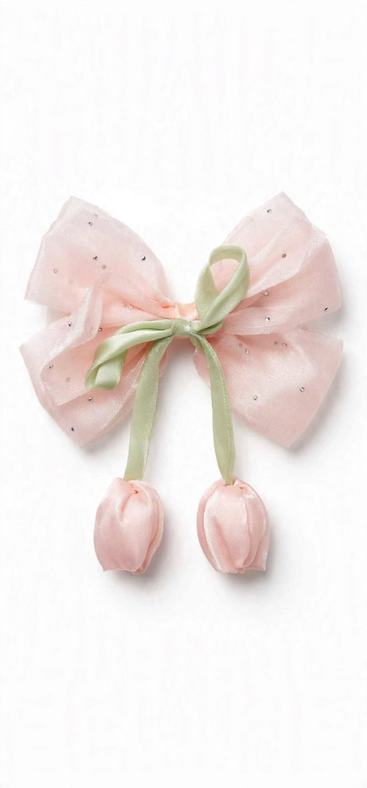 Organza Coquette Hair Bow with Dangling Tulips