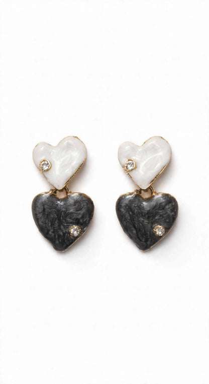 Yin Yang Crystal Heart Earrings Black and White
