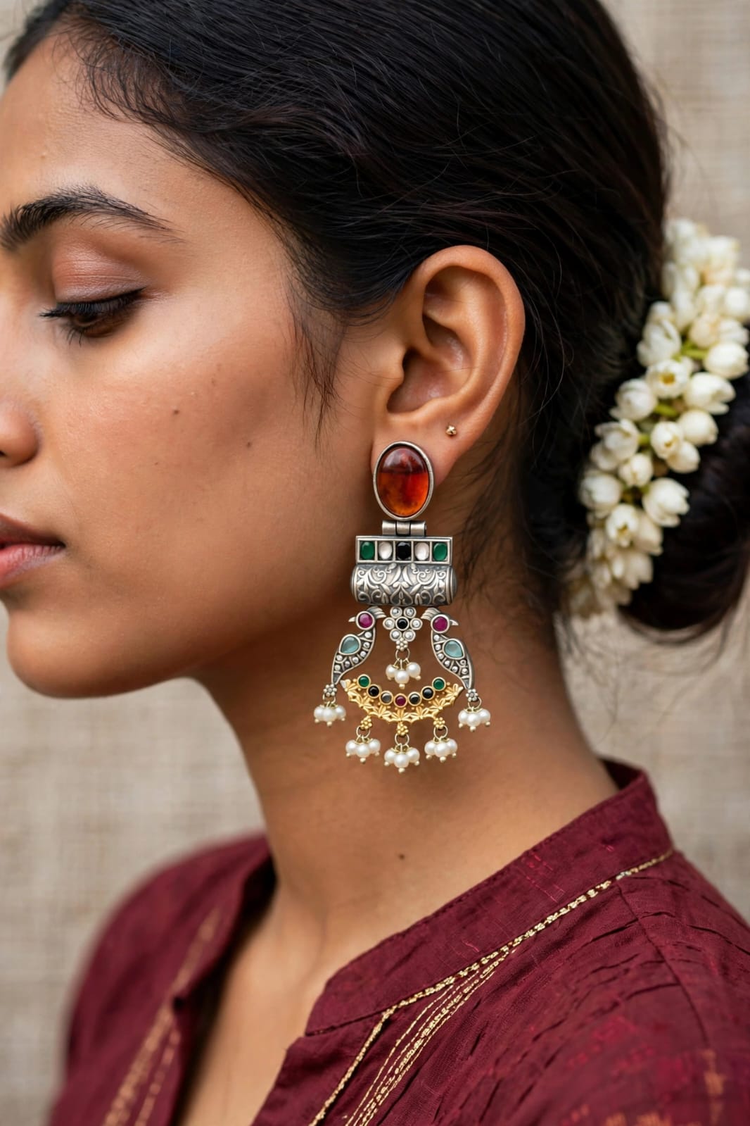 Peacock Oxidized Silver Statement Chandbalis