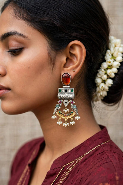 Peacock Oxidized Silver Statement Chandbalis