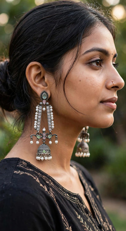 Meher Long Chandelier Jhumka Oxidized Earrings
