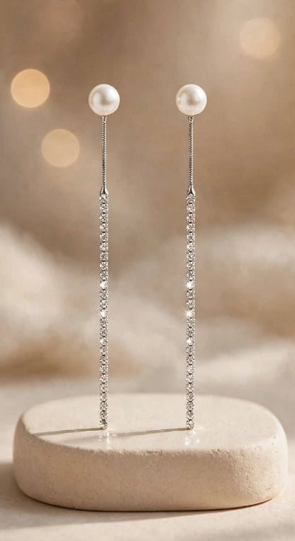 Long Rhinestone Tassel Earrings with Pearl