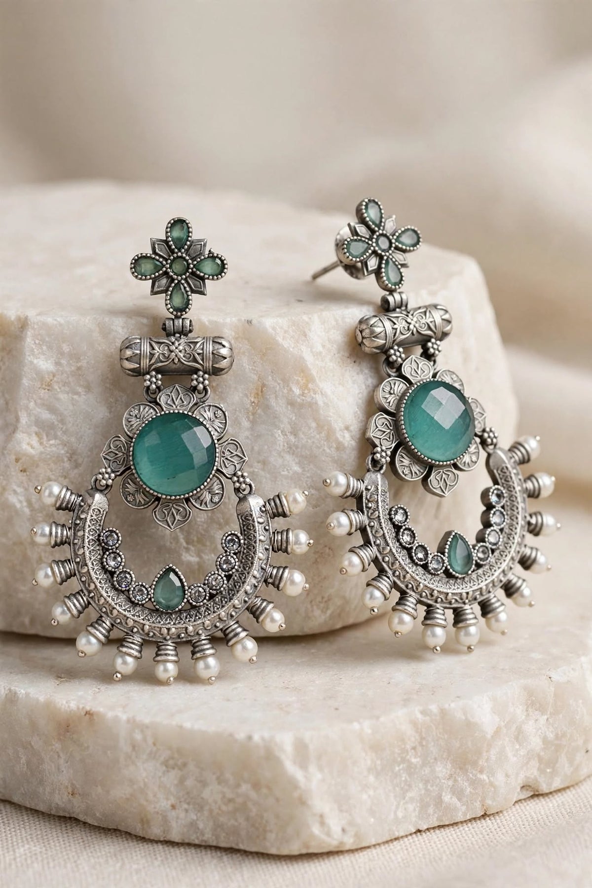 Oxidized Silver Stone Chandbali Earrings