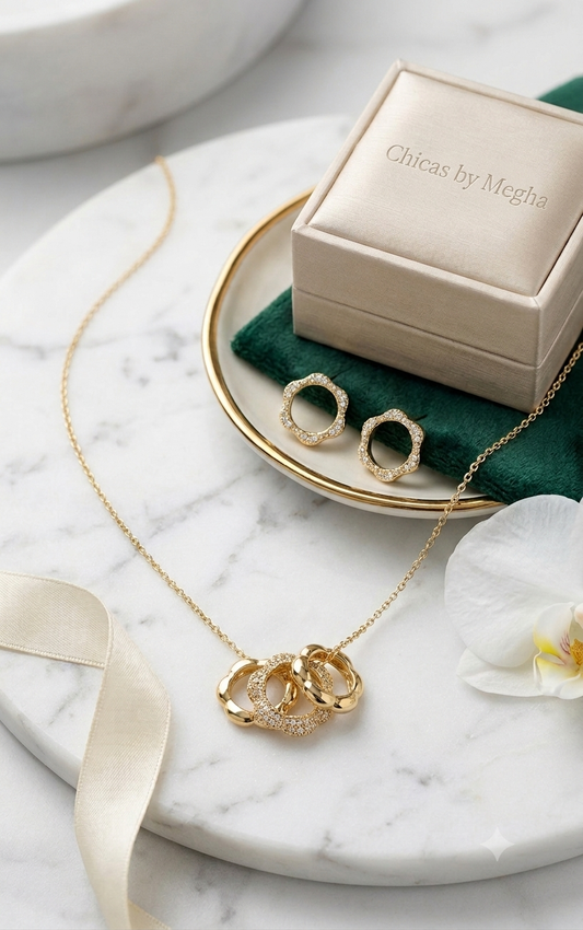 Sparkling Interlocking Rings Pendant Necklace & Earrings