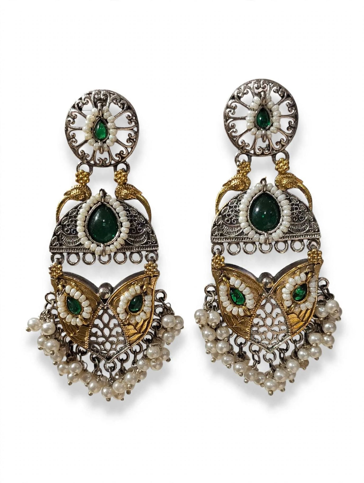Dual-Tone Oxidized Silver Statement Jhumka Earrings with Pearls