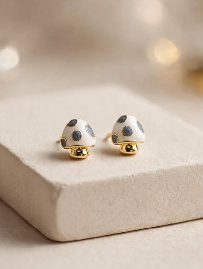 Mushroom Stud Earrings Enamel Polka Dot