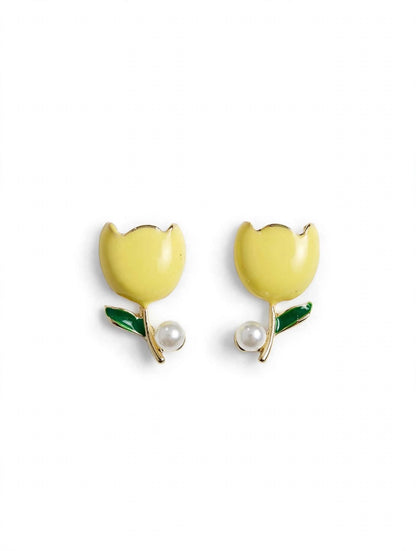 Tulip Bloom - Enamel Pearl Stud Earrings