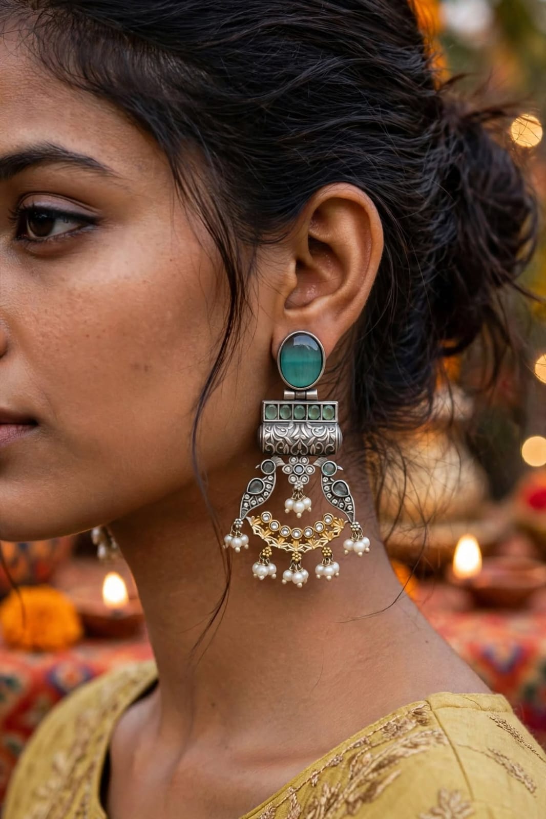 Peacock Oxidized Silver Statement Chandbalis