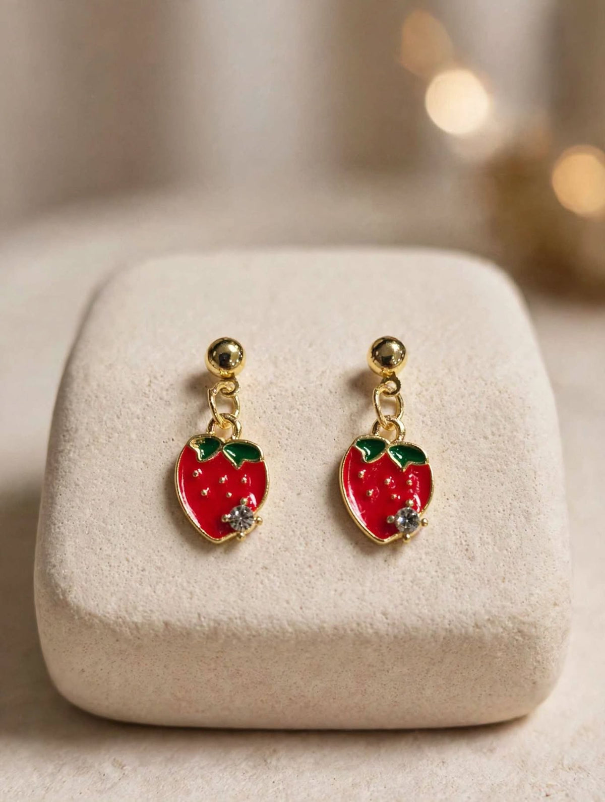 Red Strawberry Enamel Crystal Drop Earrings