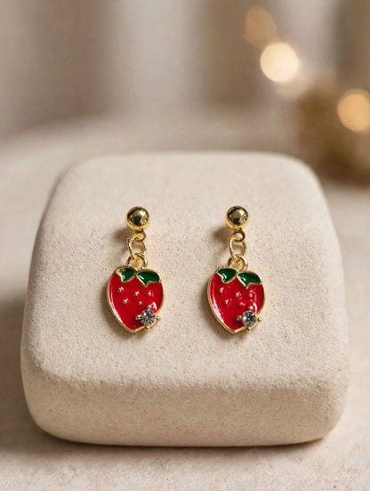 Red Strawberry Enamel Crystal Drop Earrings