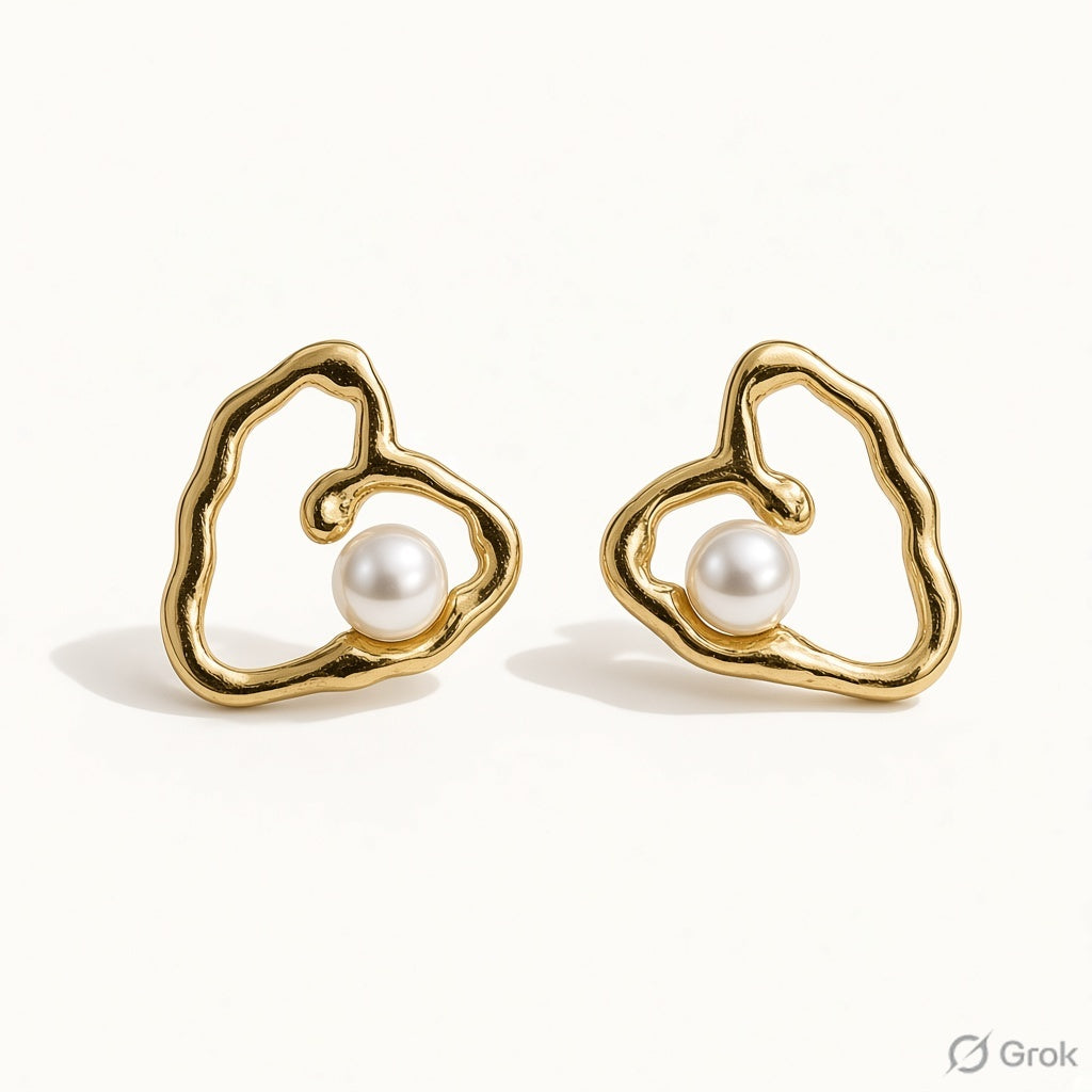 Amour Molten Heart Pearl Stud Earrings - Gold