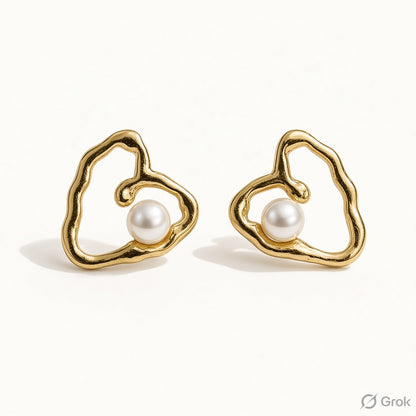 Amour Molten Heart Pearl Stud Earrings - Gold