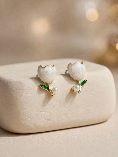 Tulip Bloom - Enamel Pearl Stud Earrings