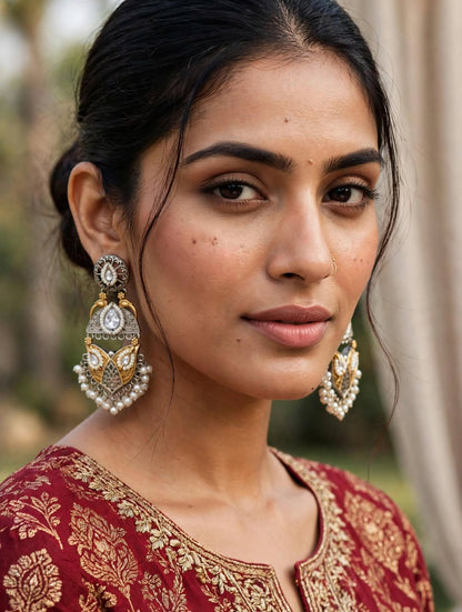 Dual-Tone Oxidized Silver Statement Jhumka Earrings with Pearls